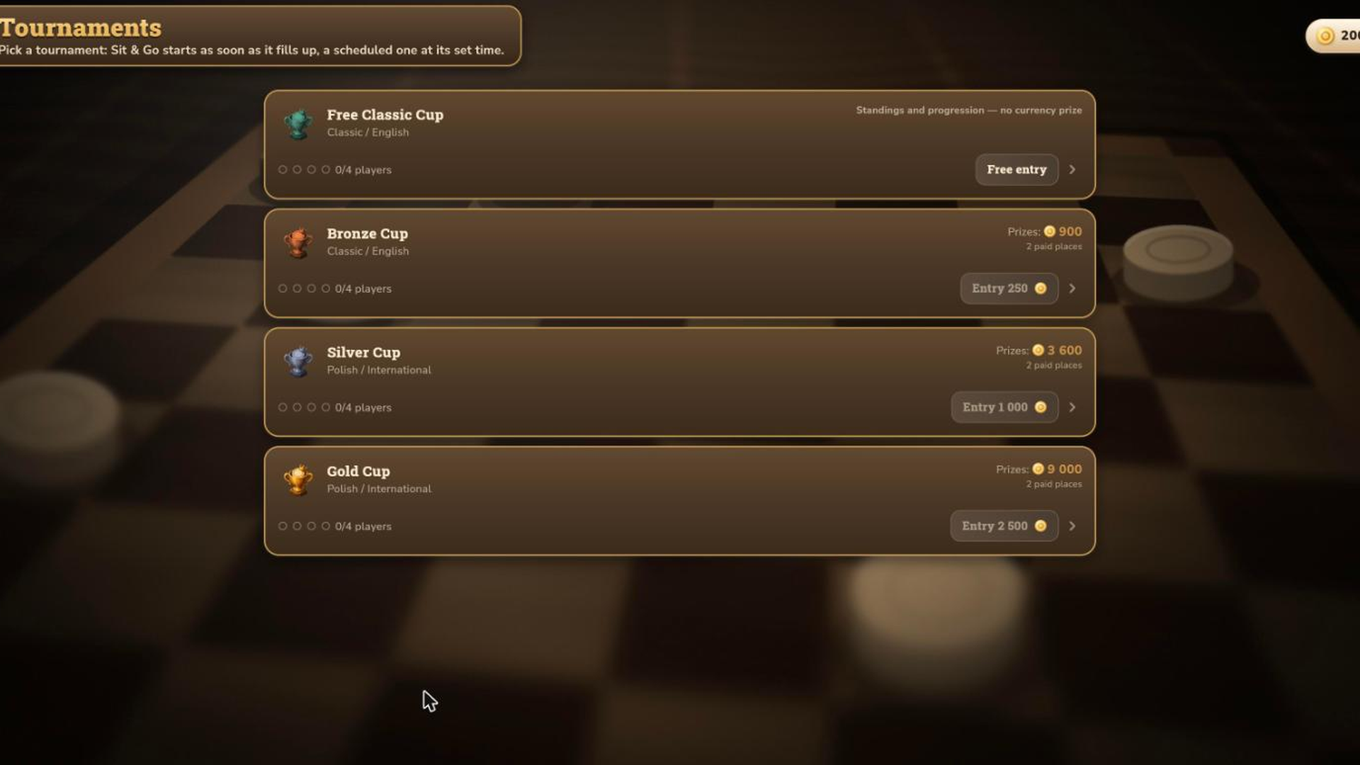 Screenshot of the tournaments screen